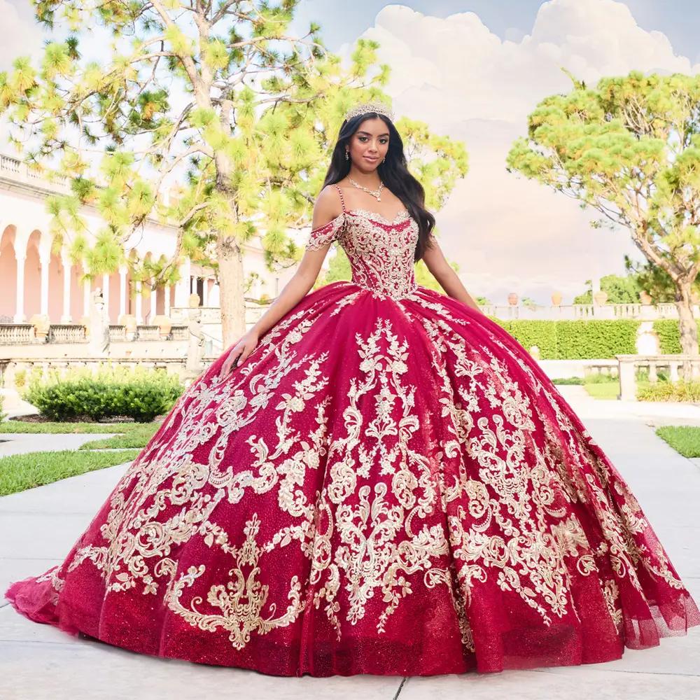 Custom Dark Red Burgundy Gold Quinceanera Dresses 2021 With Spaghetti  Straps, Gold Lace Applique, Tiered Tulle Skirt, And Ball265S Perfect For  Sweet 16 Prom And Party From Yier63, $150.27 | DHgate.Com